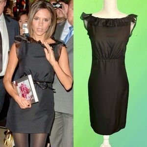 Vintage Giambattista Valli Black 100% Textured Silk Ruffled Neckline Midi Dress